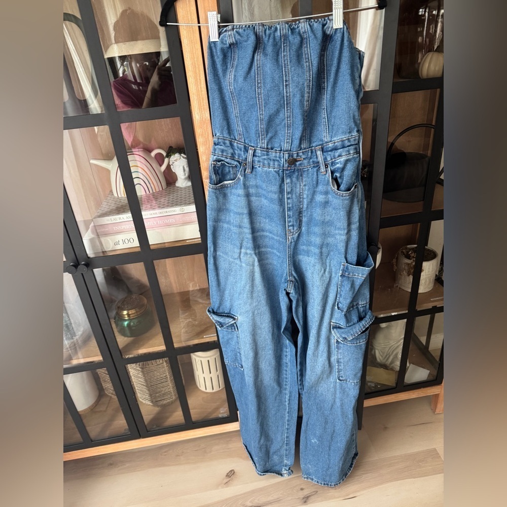 Wild Fable strapless denim jumpsuit utility corset cargo barrel leg jeans